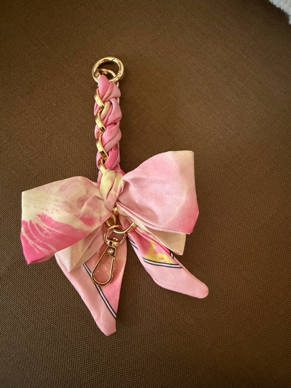 Pink Silk Bow Bag Charm Keychain with Gold Chain Accent